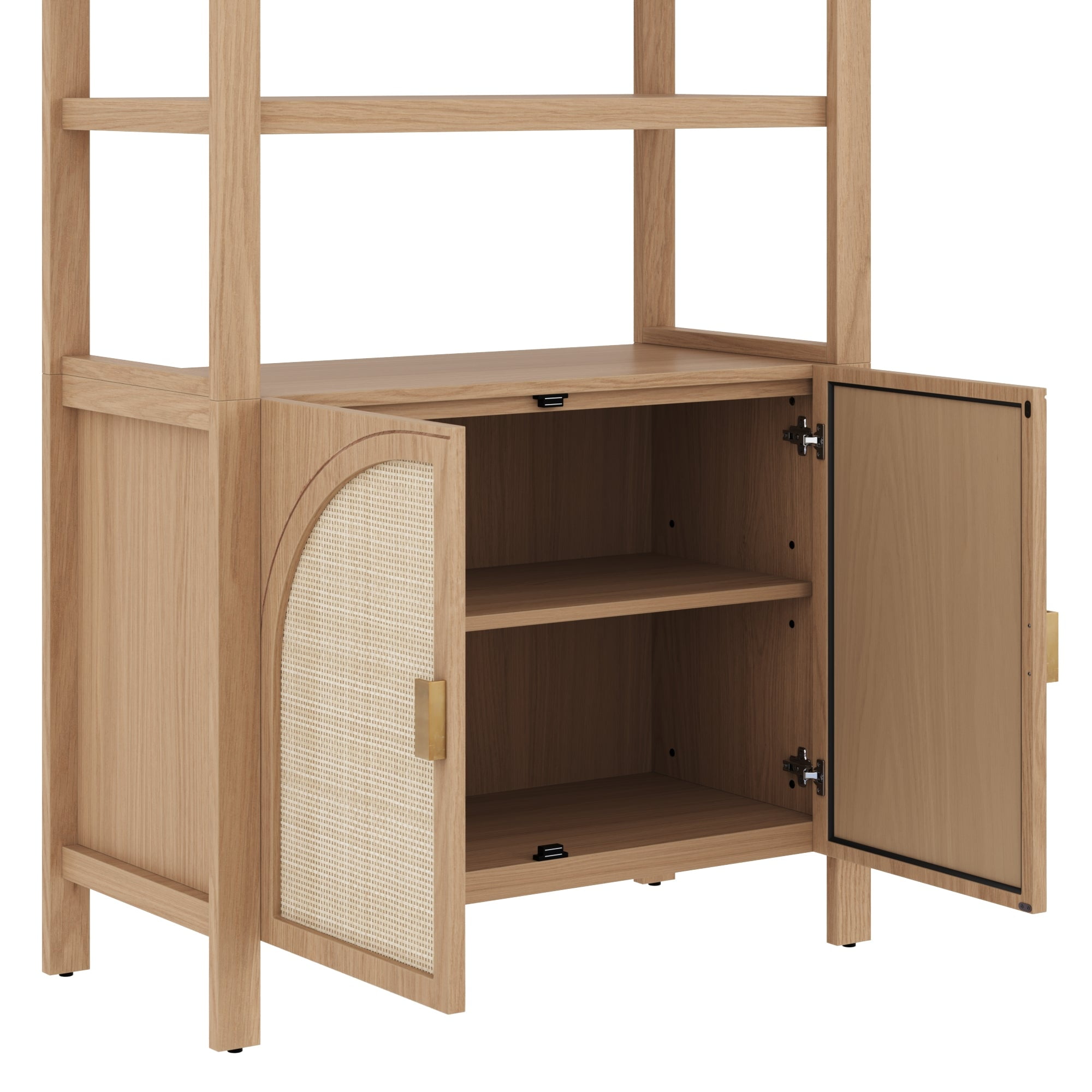 Nathan James Paxton Mid-Century Modern Bookshelf Cabinet with Solid Wood Frame Rattan Bookshelf with Cabinet Base, Arched Bookcase Cabinet for Living Room or Home Office, Raw Oak