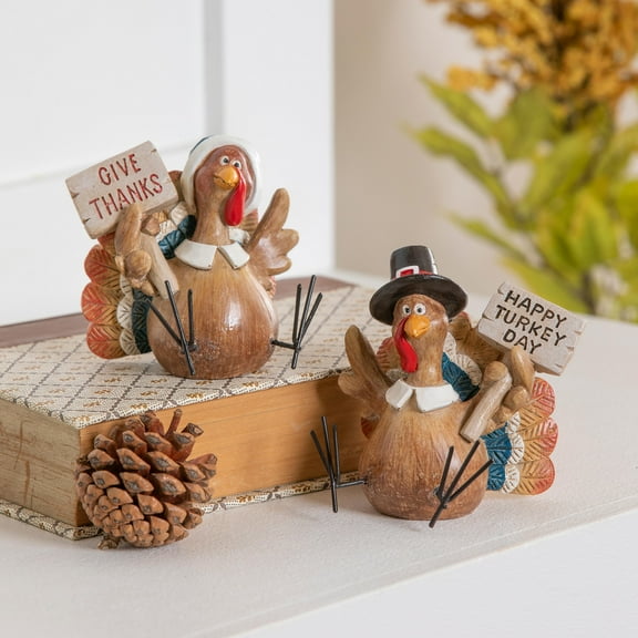 3.75" Resin Thanksgiving Turkey with Metal Feet Tabletop Décor Set