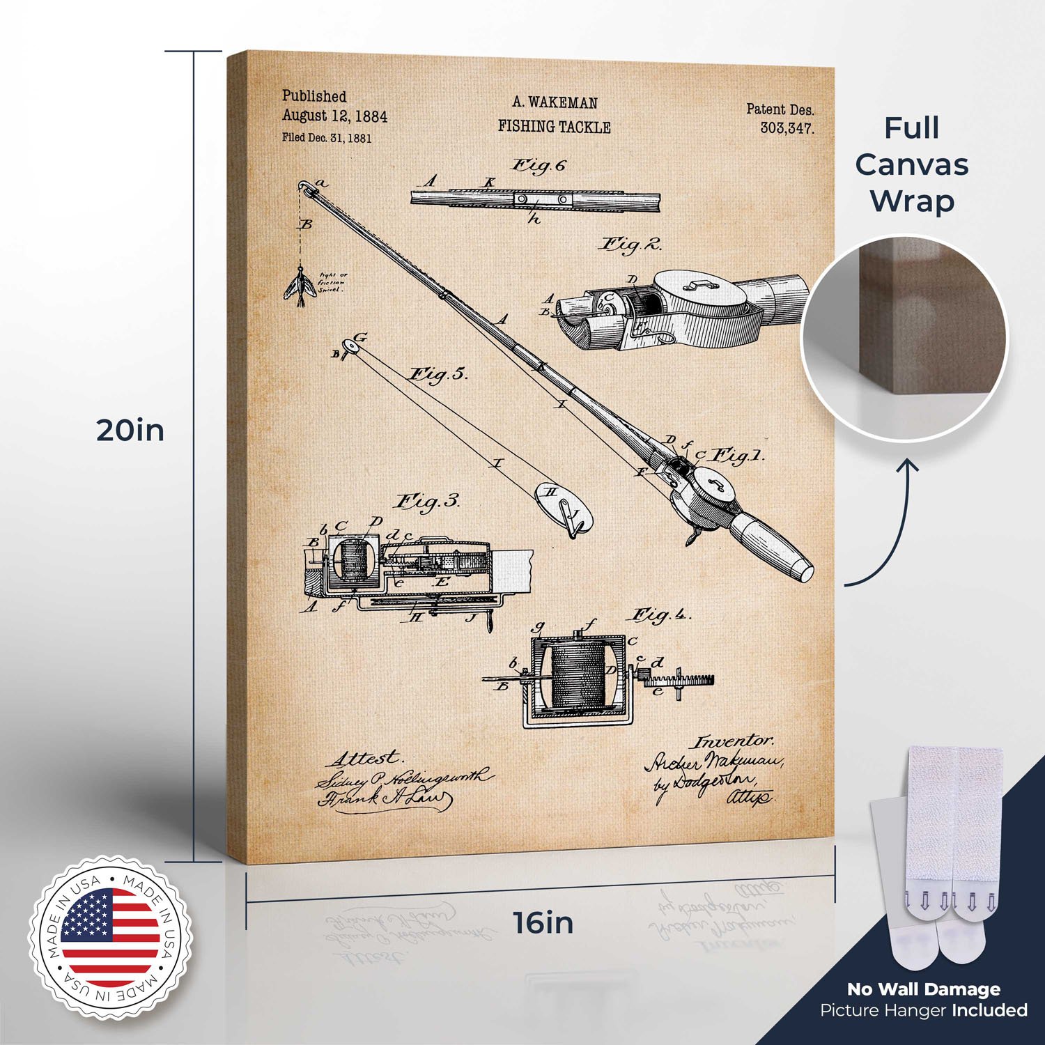 Fishing Gifts for Men, Fishing Gear Patent Canvas Print, Ready To Hang for Living Room Home Wall Art, C2355-16x20