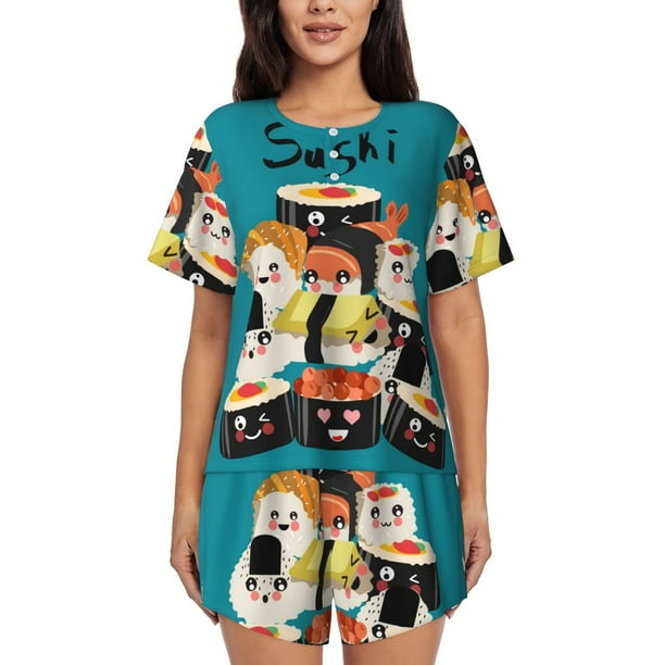 Fotbe I Love Sushi Conjunto de Pijama Estampado para Mujer, 2 Piezas, Ropa de Dormir con Camiseta de Manga Corta y Shorts Suaves-4X-Large