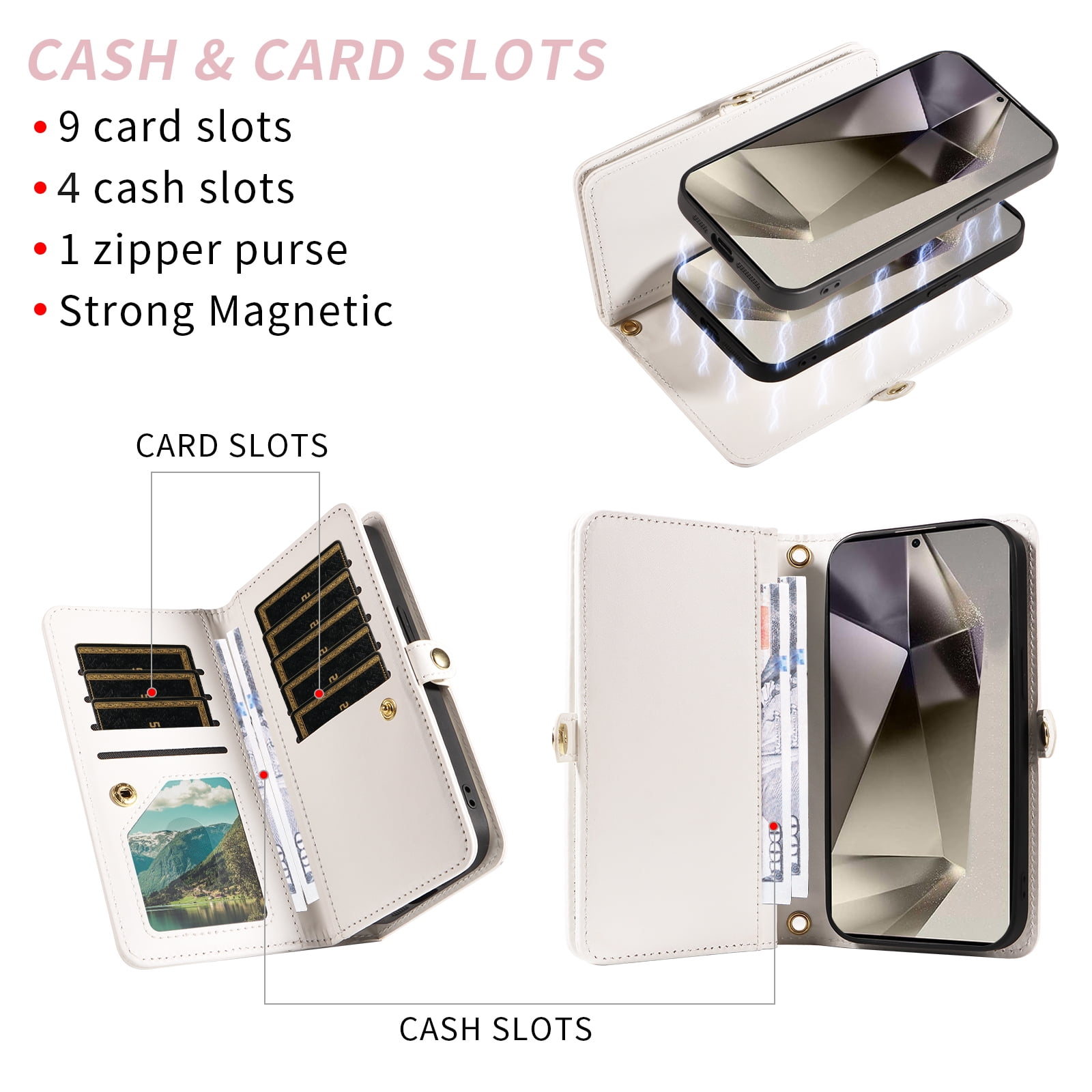 Asuwish Phone Case for Samsung Galaxy S25 Ultra 5G Zipper Wallet Detachable Cell Cover with Tempered Glass Screen Protector Crossbody Lanyard Strap Bling Glitter Flip Card Holder Slot S25Ultra White