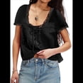 thumbnail image 2 of Blusa de Encaje con Lazo Frontal para Mujer, Transparente, de Corta, Cuello Redondo, Botones, Estilo Bohemio, con Volantes, Estilo Y2K Negro L, 2 of 8