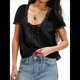 thumbnail image 2 of Blusa de Encaje con Lazo Frontal para Mujer, Transparente, de Corta, Cuello Redondo, Botones, Estilo Bohemio, con Volantes, Estilo Y2K Negro S, 2 of 8
