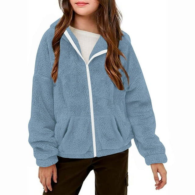 MKOSPLRT Kids Hoodies Zip Up Long Sleeve Fuzzy Fleece Sweatshirts Oversized Drop Shoulder Jackets Solid Color Coats with Pocket 5-13Years