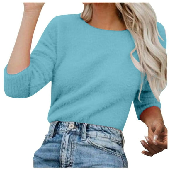 HCURIBAD Soft Sweaters for Women Clearance! Fuzzy Sweater for Women Cowl Neck Long Sleeve Sweaters Women's Fashionable Loose Fuzzy Jumper Sweater Pullovers, Mohair Sweater for Women Blue M