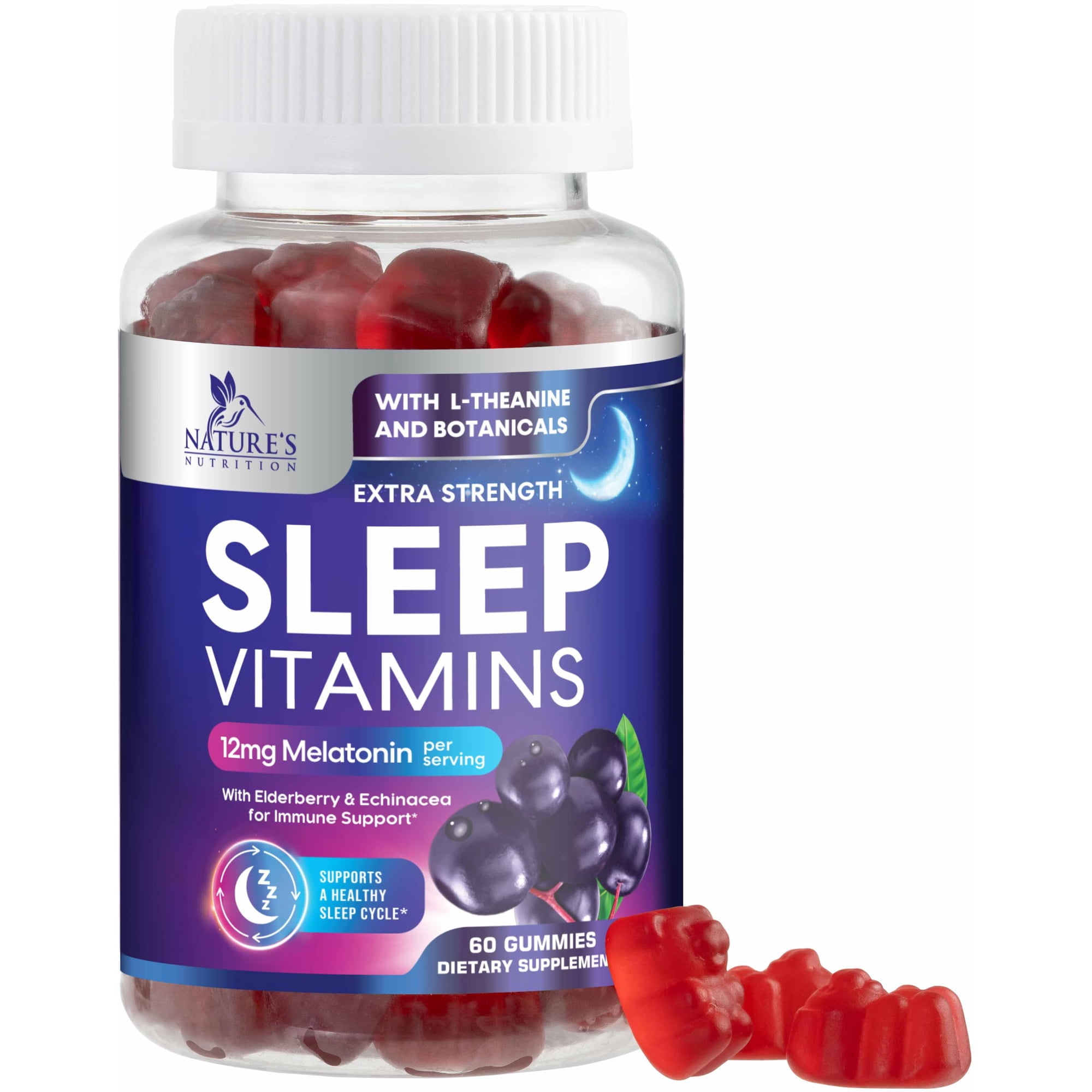 Sleep Gummies - 12 mg Melatonin - Extra Strength Sleep Vitamin Gummy with Melatonin, L-Theanine & Chamomile - Natural Non-Habit Forming Adult Sleep Support Supplement, Berry Flavored - 60 Gummies