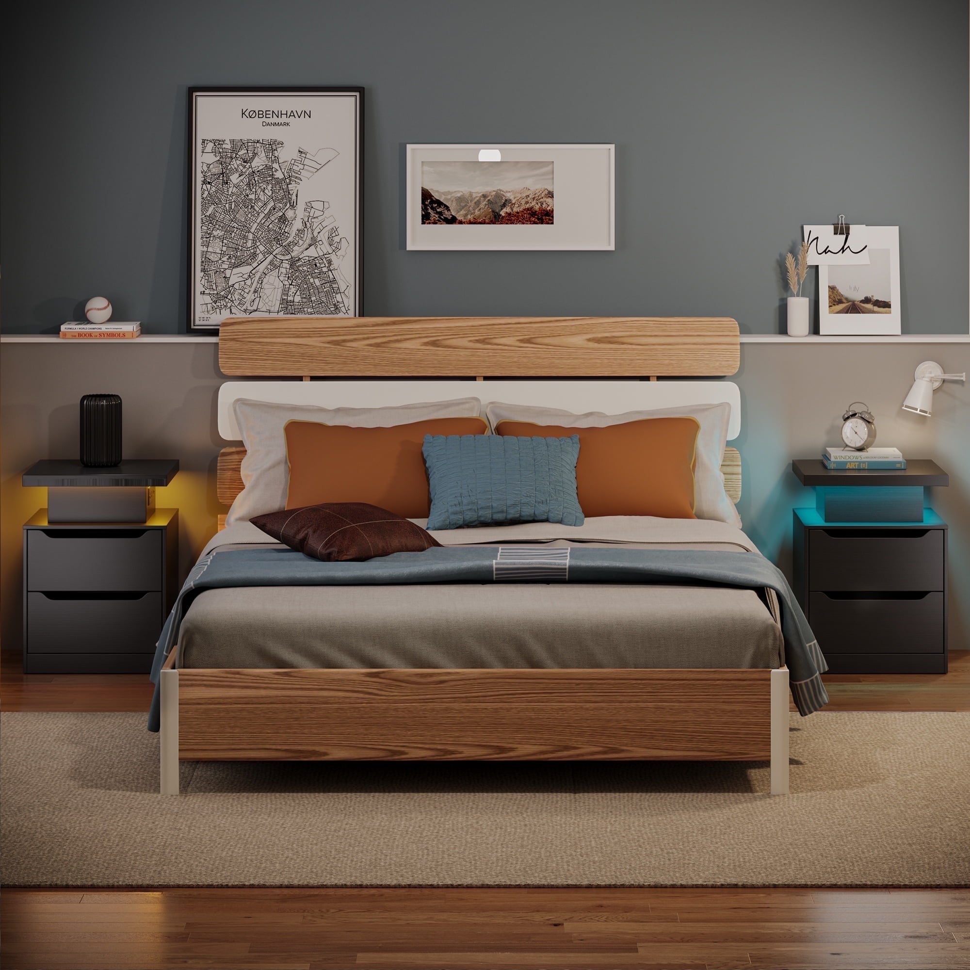Asofer 2 Nightstand Set with Charging Hub and RGB Lights, 2-Drawers, Modern Wood Bedside Table, Black