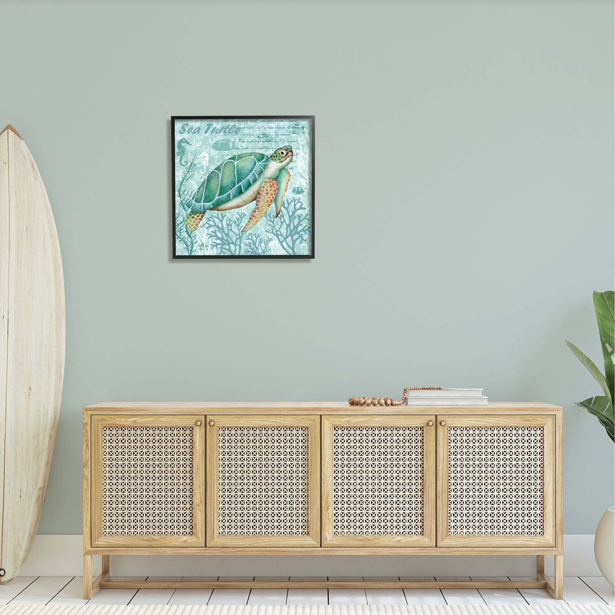 Stupell Industries Sea Turtle Detailed Coral Silhouettes Fancy Script Graphic Art Black Framed Art Print Wall Art, Design by Emma Leach