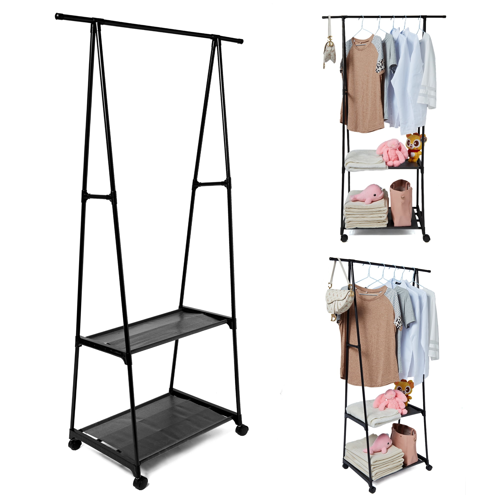 2 in 1 Rolling Clothes Rack, Clothes Rack with 2 Tier Shelves, Rolling