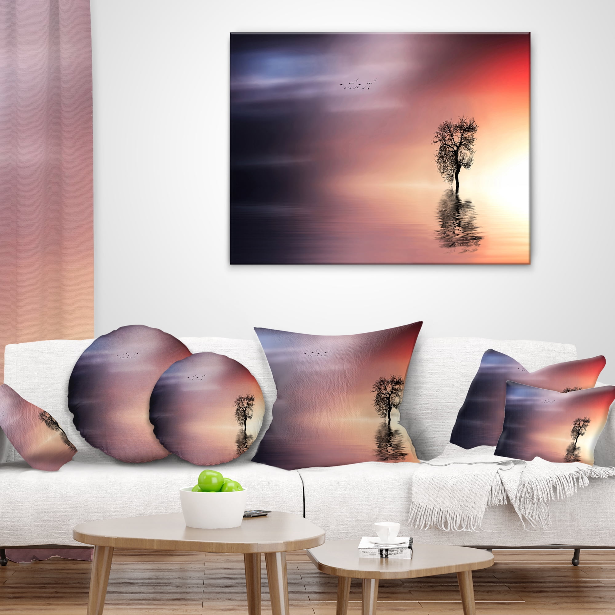 Designart Solitude Tree and Flying Birds - Landscape Printed Throw Pillow - 18x18