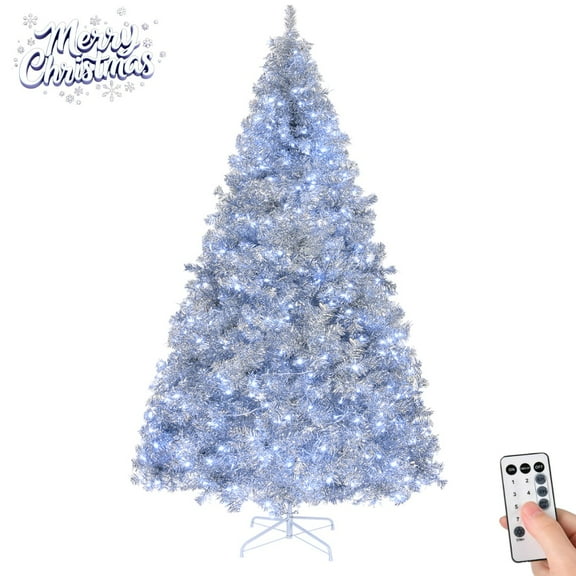 8FT Pre-Lit Silver Artificial Christmas Tree w/ Warm White LED Lights, 8 Lighting Modes, Remote Control, PET Branches, Easy Assembly