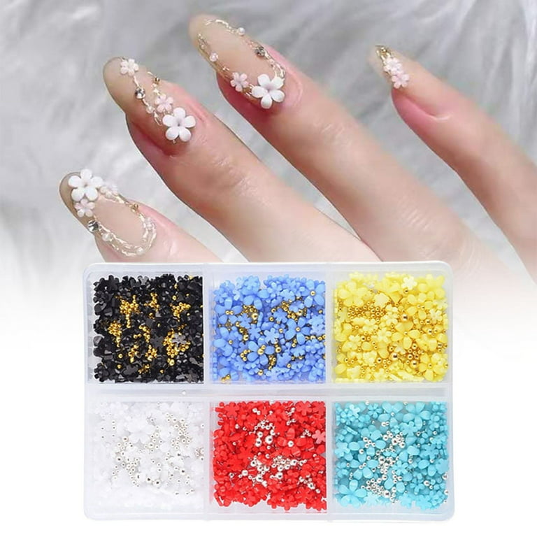 JTWEEN 3D Flower Nail Art Charms, 6 Grids 3D Acrylic Nail Flowers  Rhinestone Light Change Pink Blue Cherry Blossom Acrylic Nail Art Supplies  with Pearls Manicure DIY Nail Decorations 
