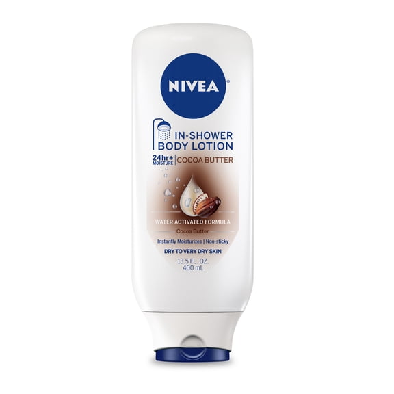 NIVEA Cocoa Butter In Shower Lotion for Dry Skin, 24-Hour Body Moisturizer, 13.5 fl oz