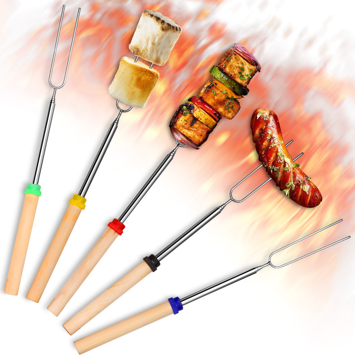BBQ Kebab Skewers Stainless Steel U-Shaped Wooden Barbecue Grilling Forks 5pcs 