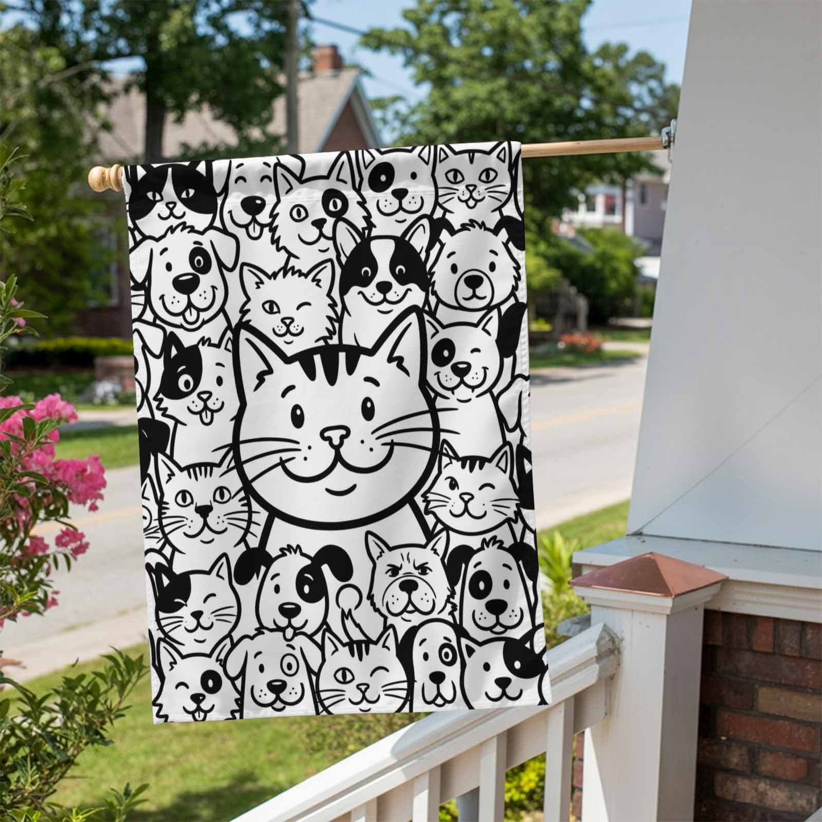 Cartoon Cat House Flag 28 x 40 Inches, Cute Dog Black White Line Animal Abstract Weather Proof Outdoor Patio Flags Double Sided Small House Decoration for Yard Lawn Outside Home