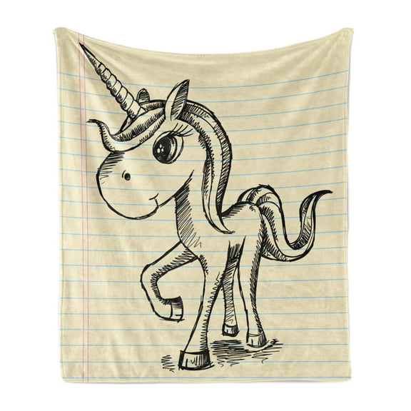 Sketch Art Soft Flannel Fleece Blanket, Doodle Art Unicorn Childish Drawing on Notebook Page Inspired Backdrop, Cozy Plush for Indoor and Outdoor Use, 70" x 90", Beige Charcoal Grey, by Ambesonne