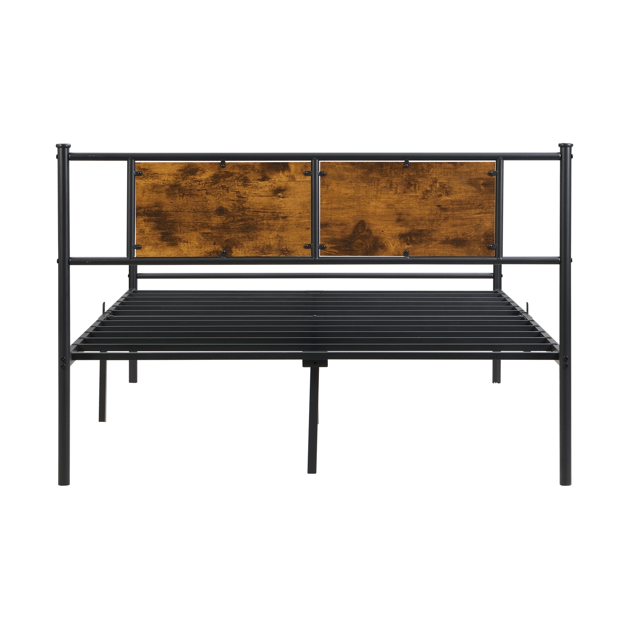 Leumius Full Size Bed Frame, Industrial Metal Platform Bed with Wooden Headboard,Black+Brown