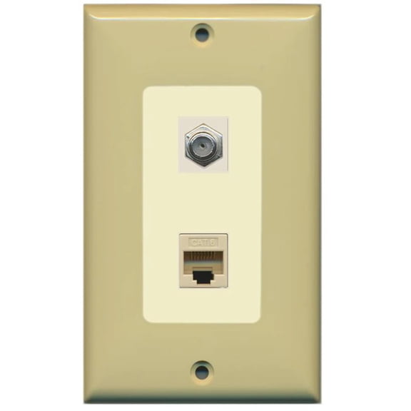 RiteAV - 1 Coax Cable TV F and 1 Cat6 Ethernet Wall Plate Decorative - Ivory/Light Almond - Bracket Included