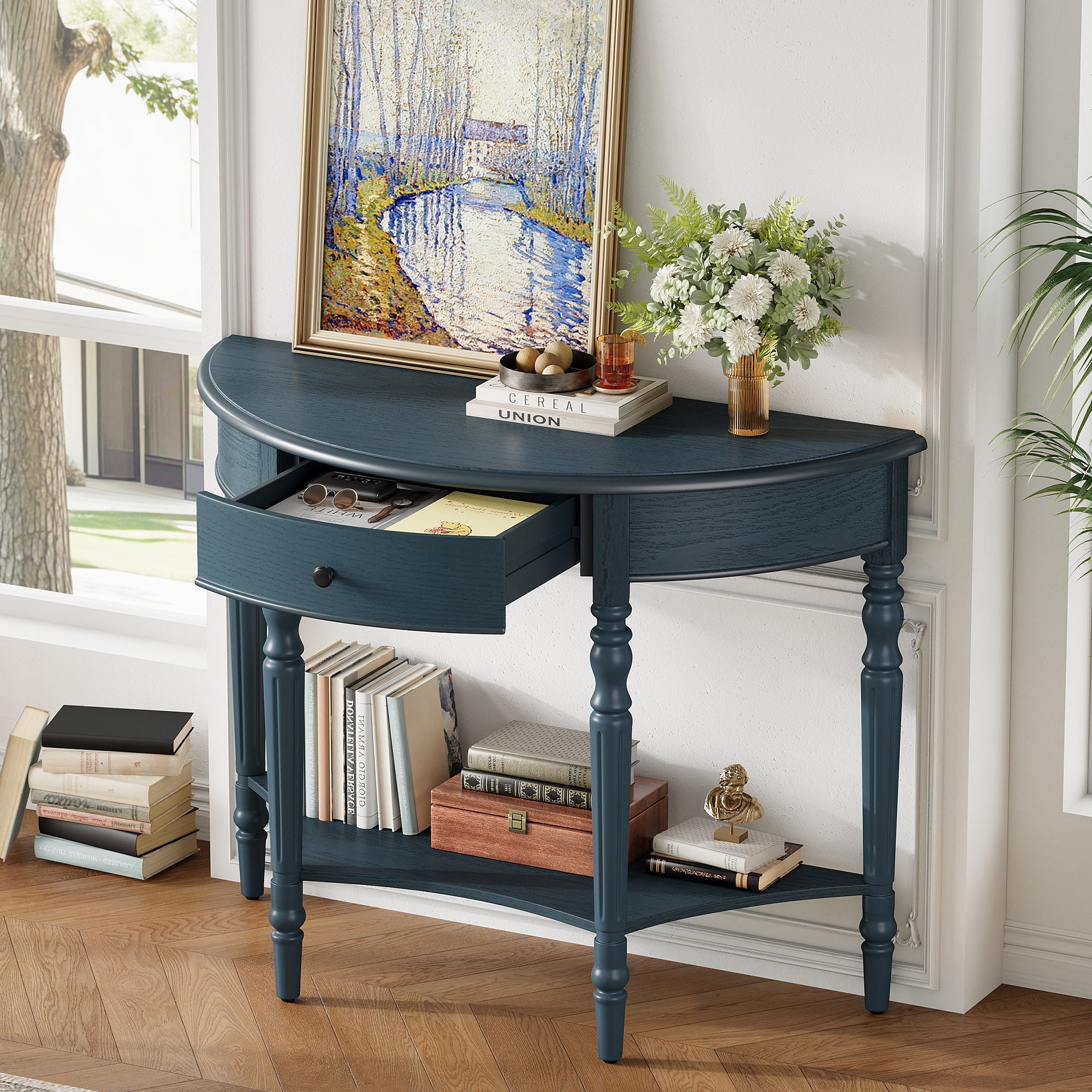 Euroco Farmhouse Half Moon Console Table, Narrow Sofa Table with Storage Shelf & 1 Drawer ,Wood Entryway Table Accent Table for Living Room, Hallway and Foyer,Navy