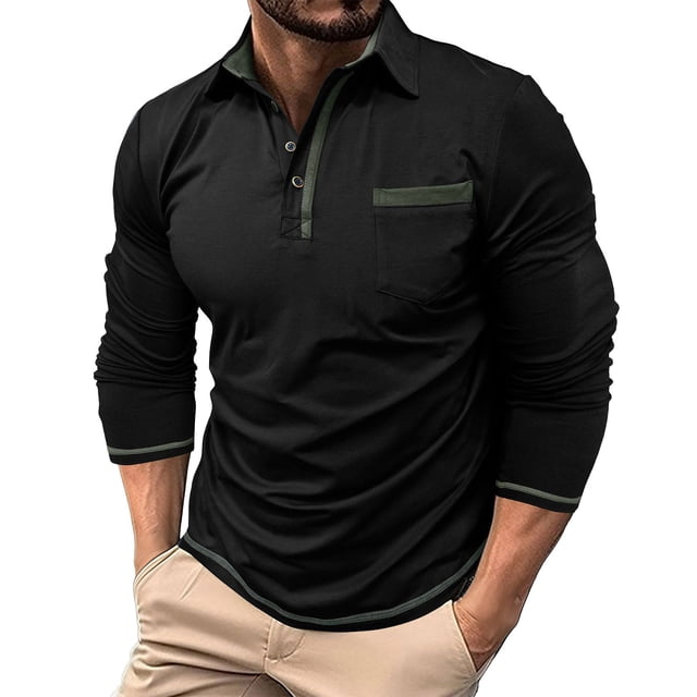 Ceisia Men's Slim Fit Long Sleeve Turndown Collar Shirt with Contrast Trim and Chest Pocket Black M Gifts
