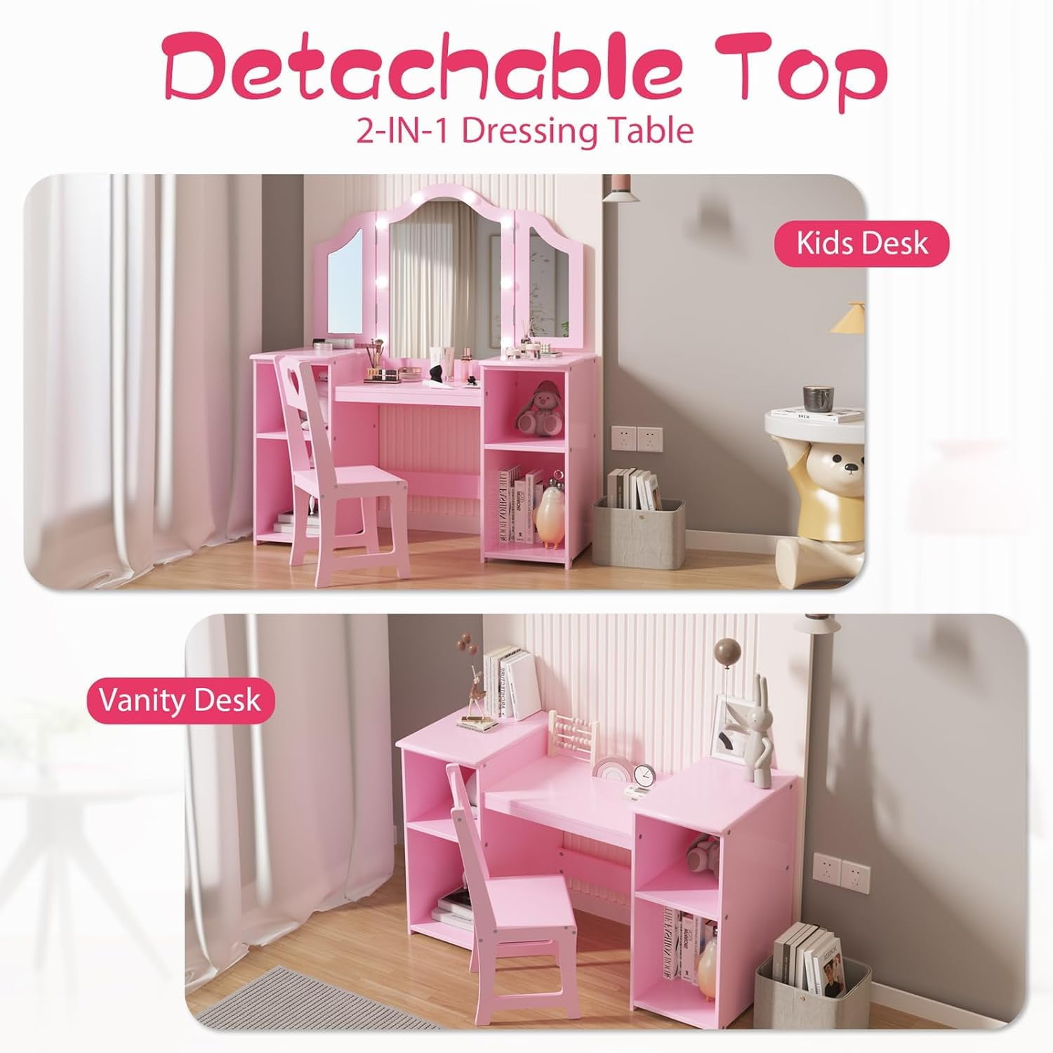 TROPOW Vanity Desk,Makeup Vanity,with Mirror and Lights,2-in-1 Kids Vanity Set with Mirror Wooden Toddler Vanity Set,Top Princess Pretend Play Beauty Makeup Vanity Table and Chair Set for Girls