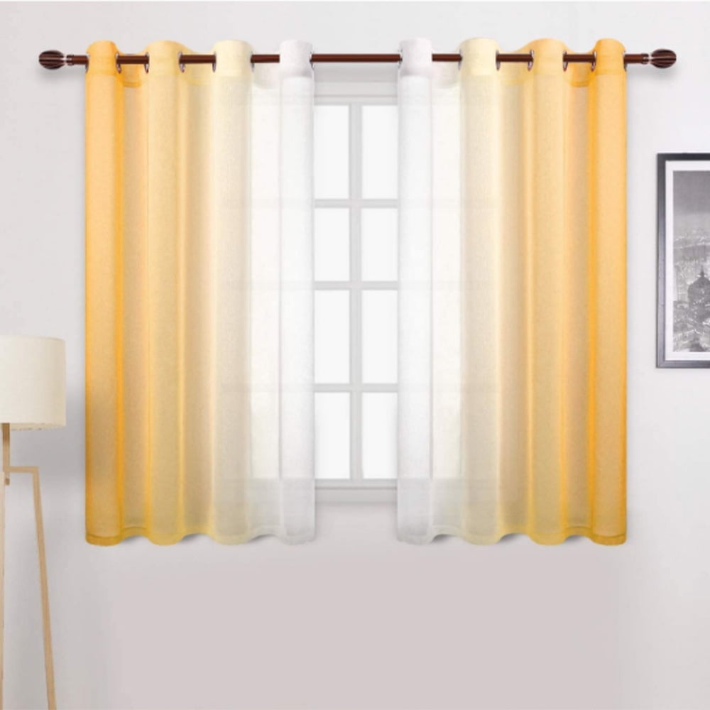 Embroidery Yellow Flower Sheer Curtain Blue Window Drapes 63/84" Room Door Tulle 