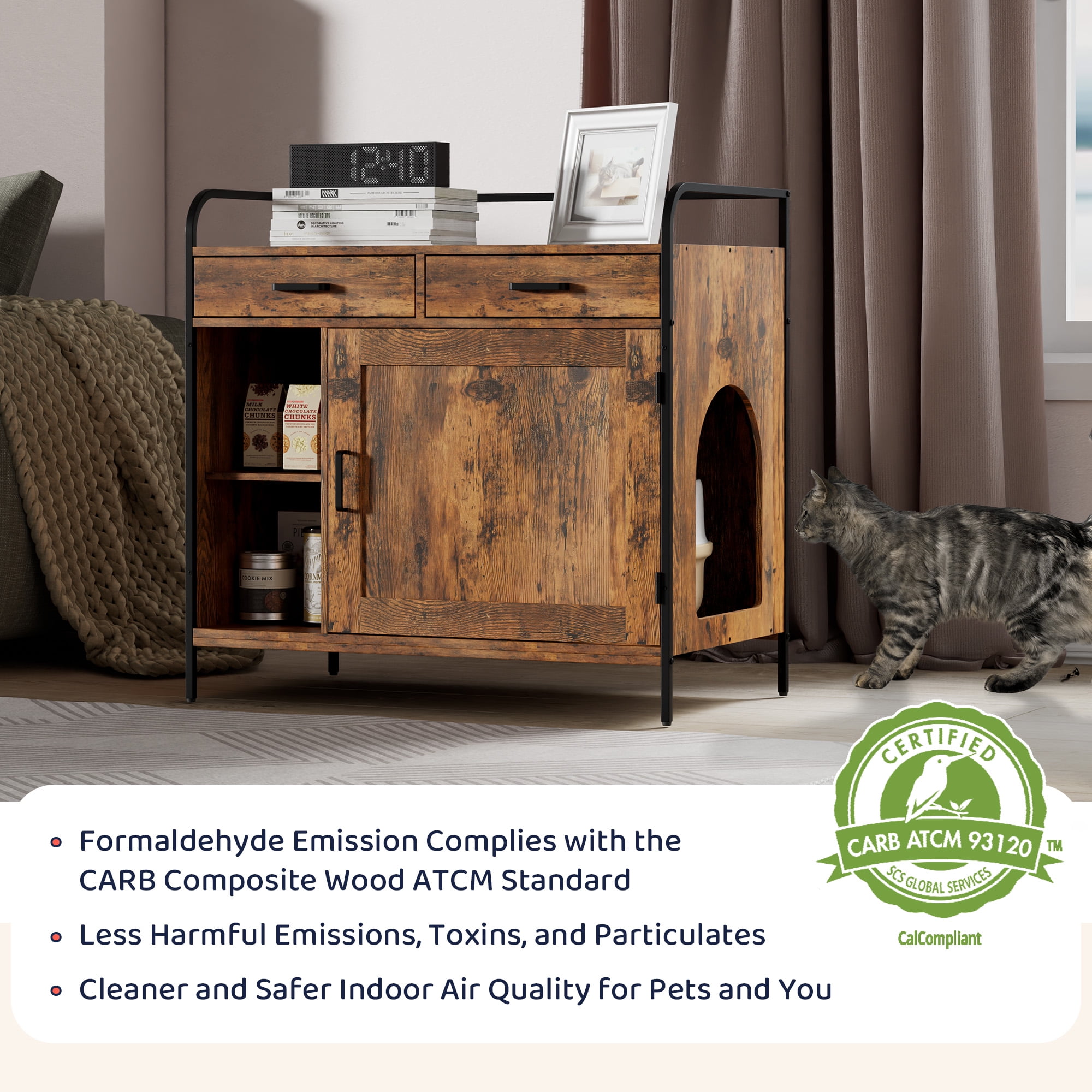 WISHIVE Litter Box Enclosure with Drawers, Hidden Cat Litter Box Enclosure, Cat Litter Box