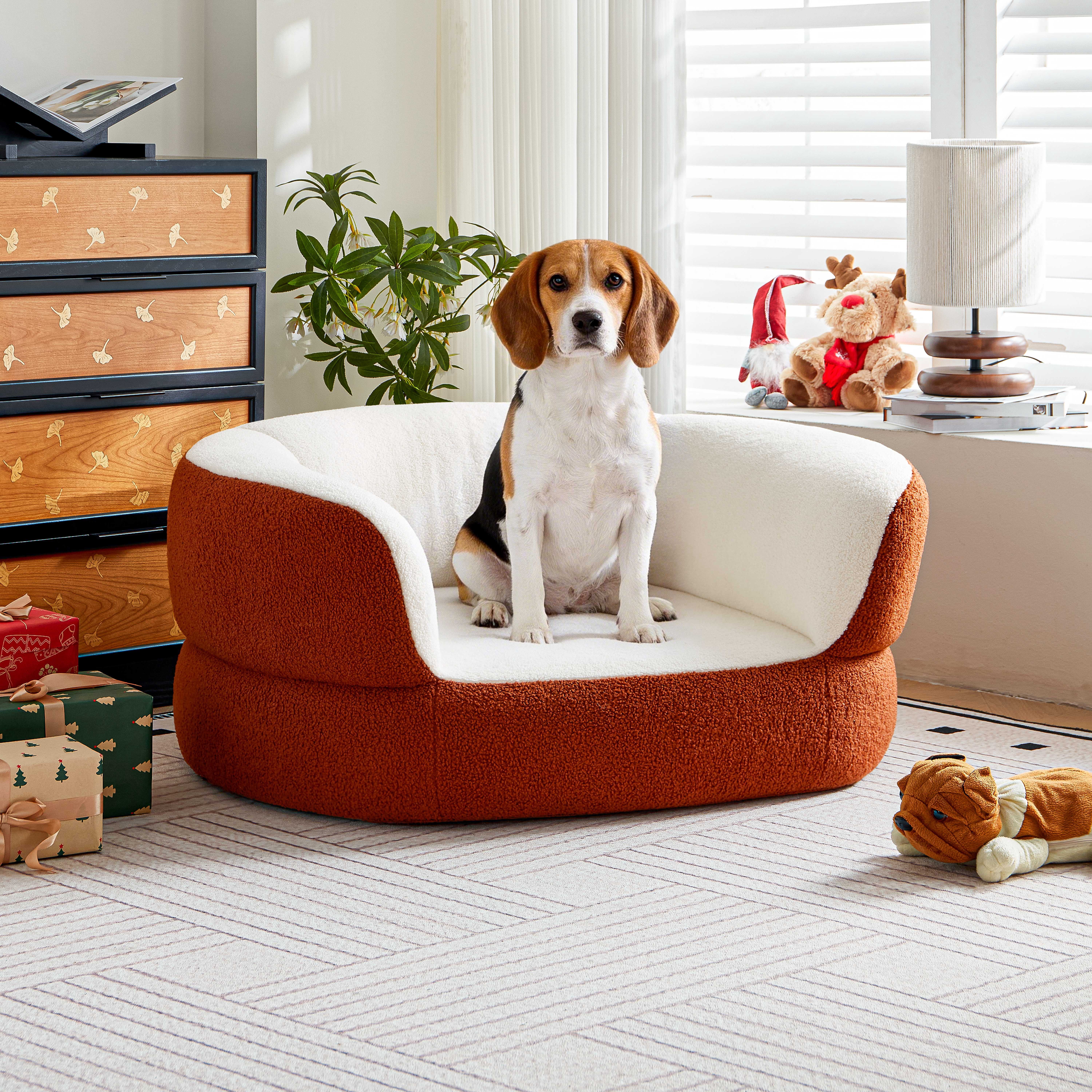 Faux Shearling Indoor Dog Bed Couch for Large and Medium Dogs under 70 lbs, Orthopedic Donut Round Elevated Furniture Pet Bed Sofa with High Backrest, No Assembly Required