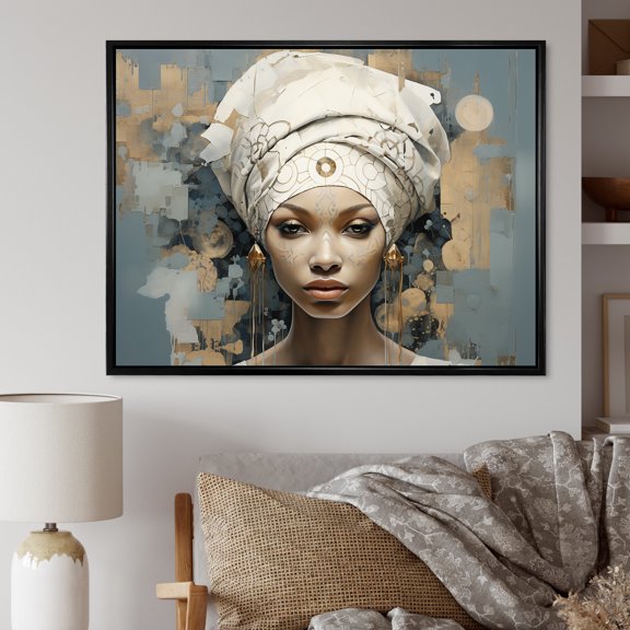 Designart "Collage Of An African Woman In Blue And Beige II" Africa Floater Framed Canvas Wall Art