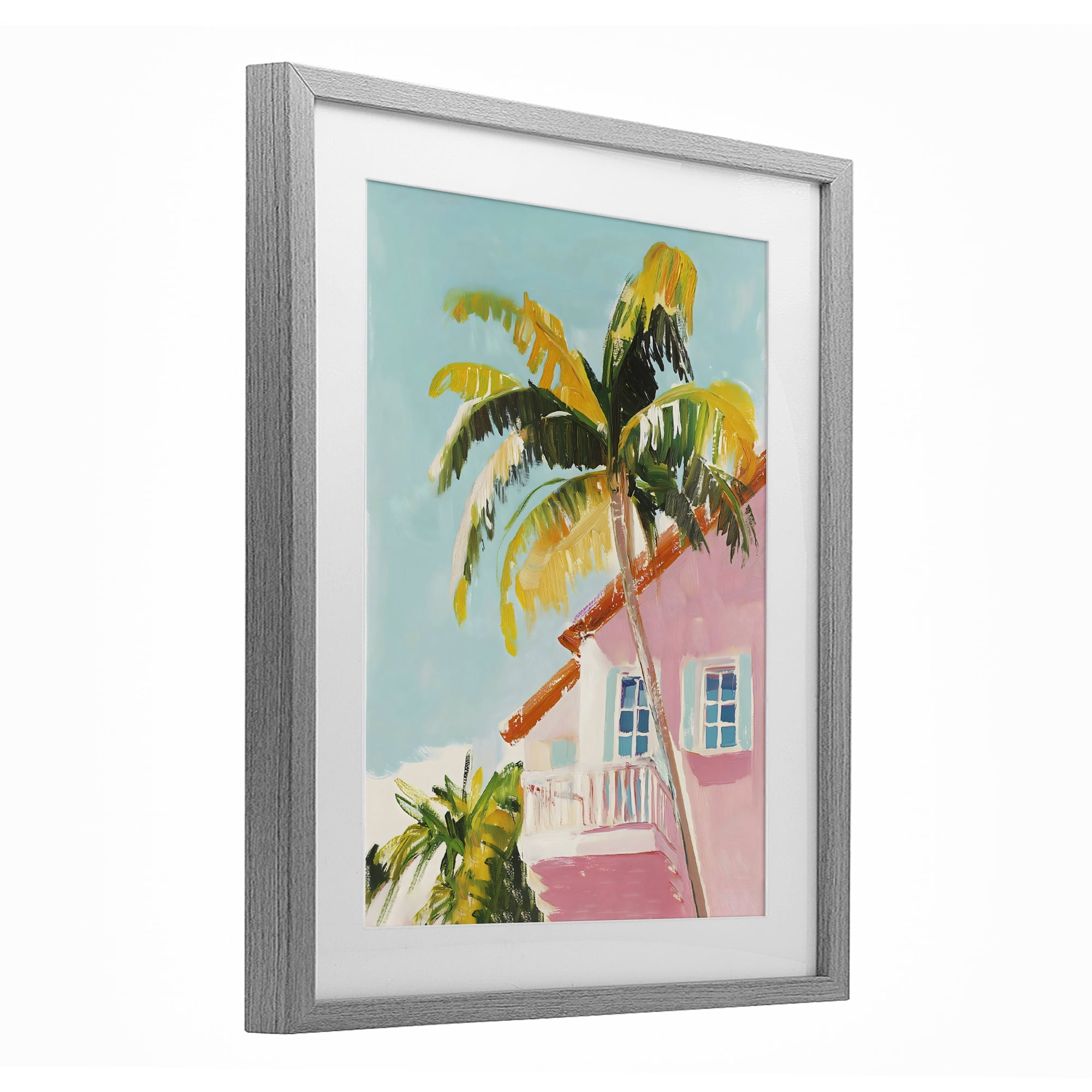 Stupell Industries Pink House Palm Tree Gray Framed Print Under Glass, design by The Prints Vibe