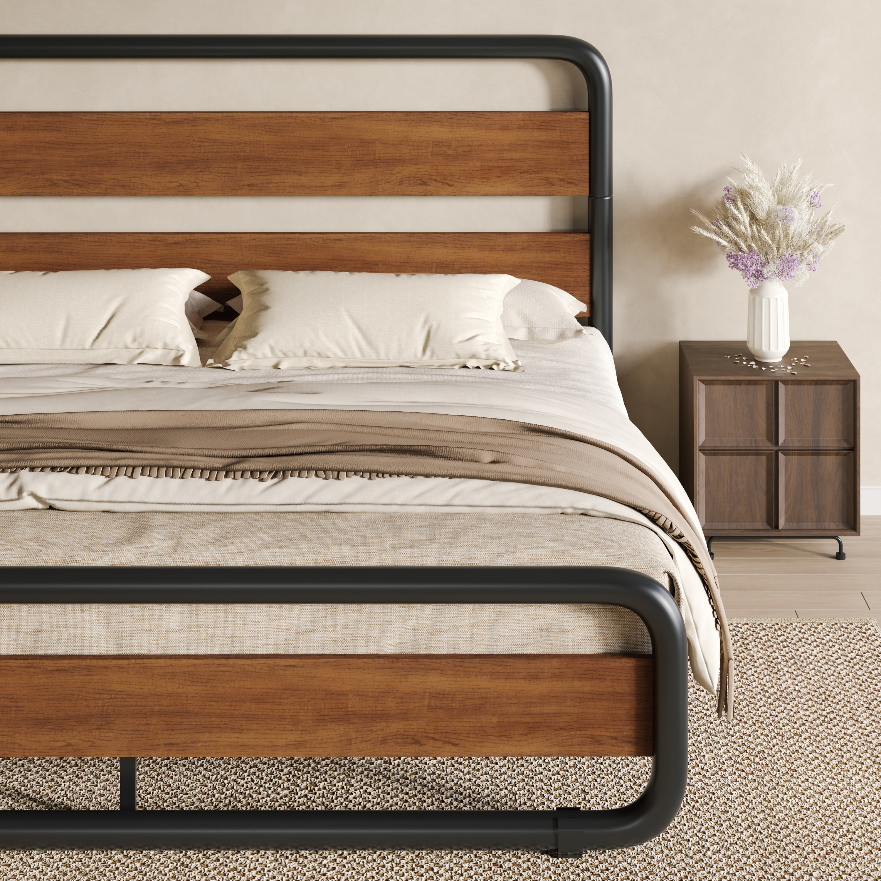 SHA CERLIN King Size Metal Bed Frame with Wooden Headboard and Footboard, Heavy Duty Platform Bed Frame with 10" Under-Bed Storage, Noise-Free, No Box Spring Needed, Vintage Walnut