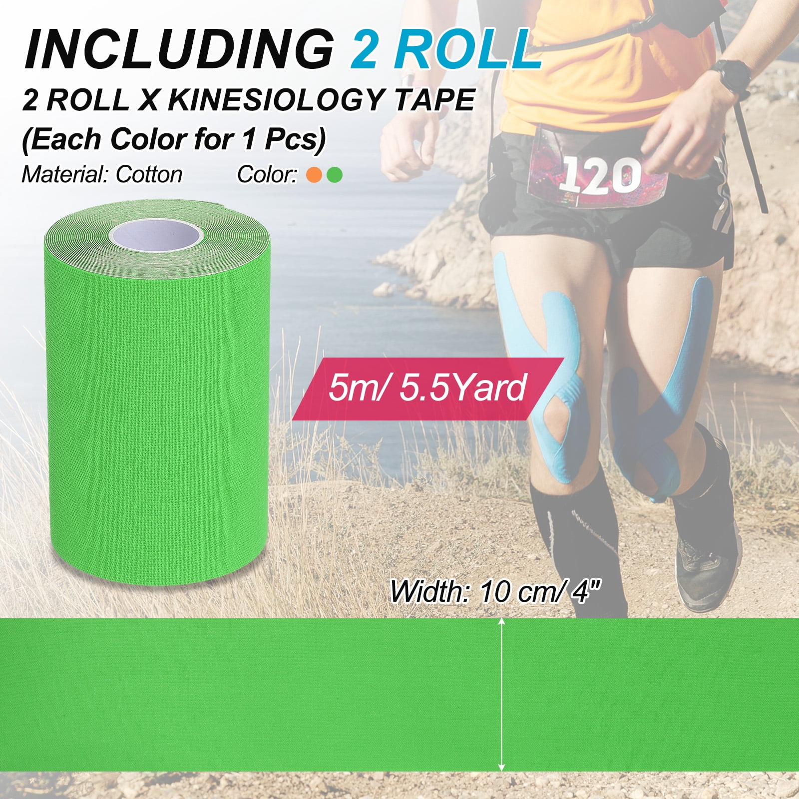 Uxcell Kinesiology Tape, Adhesive Cotton Sports Muscle Support Tape Waterproof Elastic Tape for Knee Ankle Wrist Orange/Green