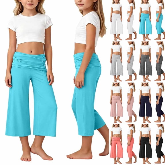 YaEYa Gaucho Pants for Girls Wide Leg Capri Pants Ruched Waist Cropped Comfy Summer Casual Beach Coluttes Bottom 5-14 Years (White,9-10 Years)