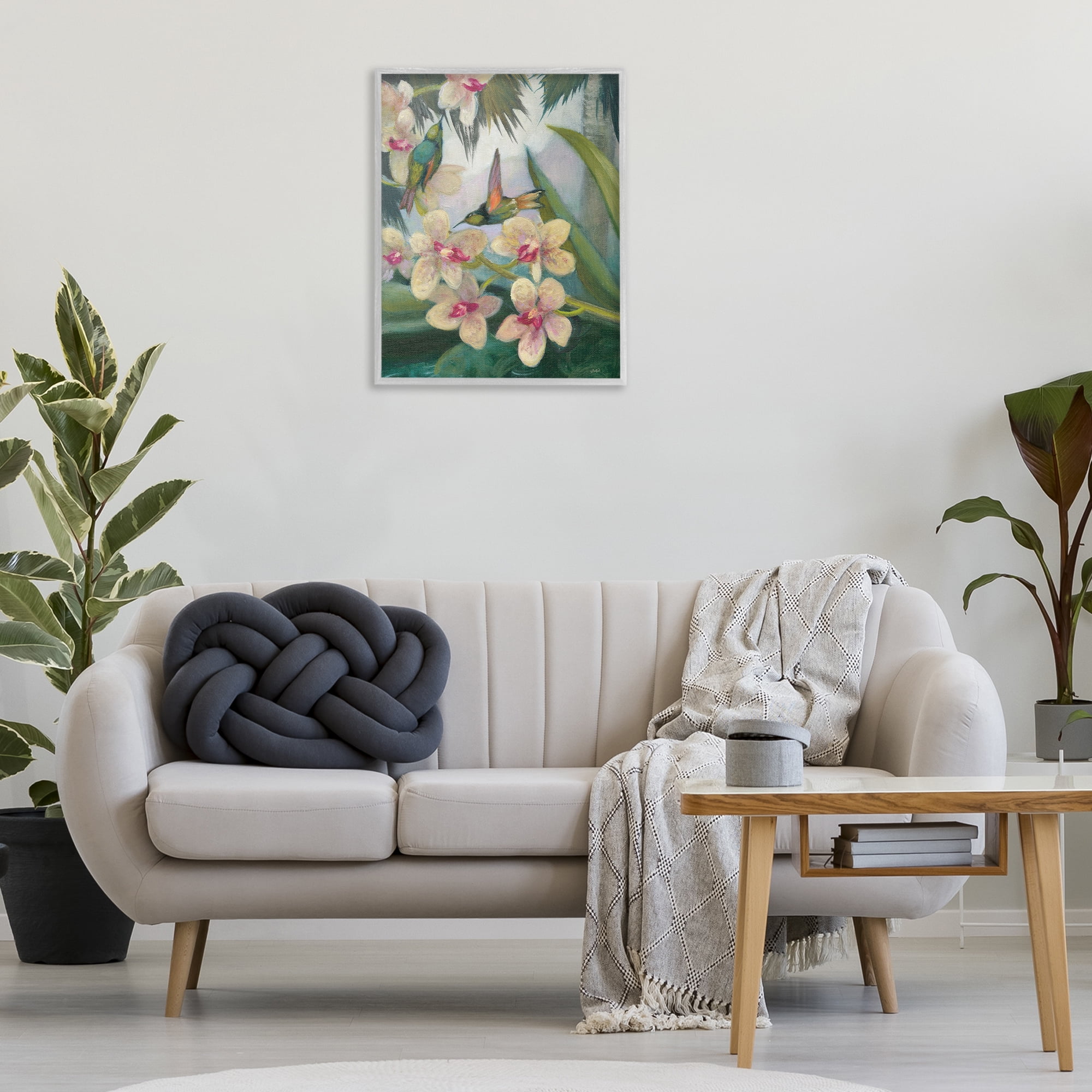 Stupell Industries Hummingbirds Among Blossoms Landscape Painting Gray Framed Art Print Wall Art, 24 x 30