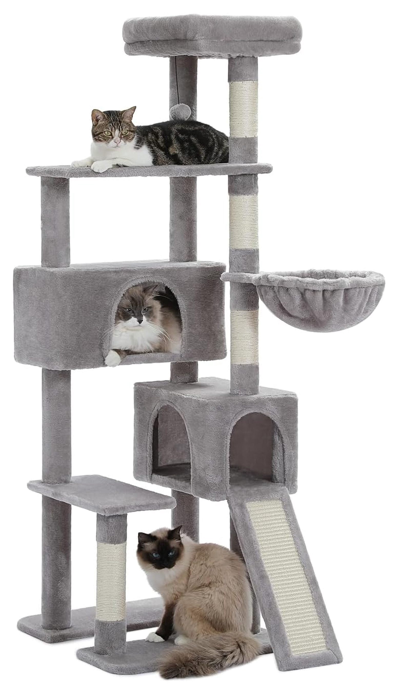 60'' Cat Tree Tower, Large Cat Condo Indoor, Wide Perch, Hammock, Sisal Scratching Posts for Adult Cats, Gray