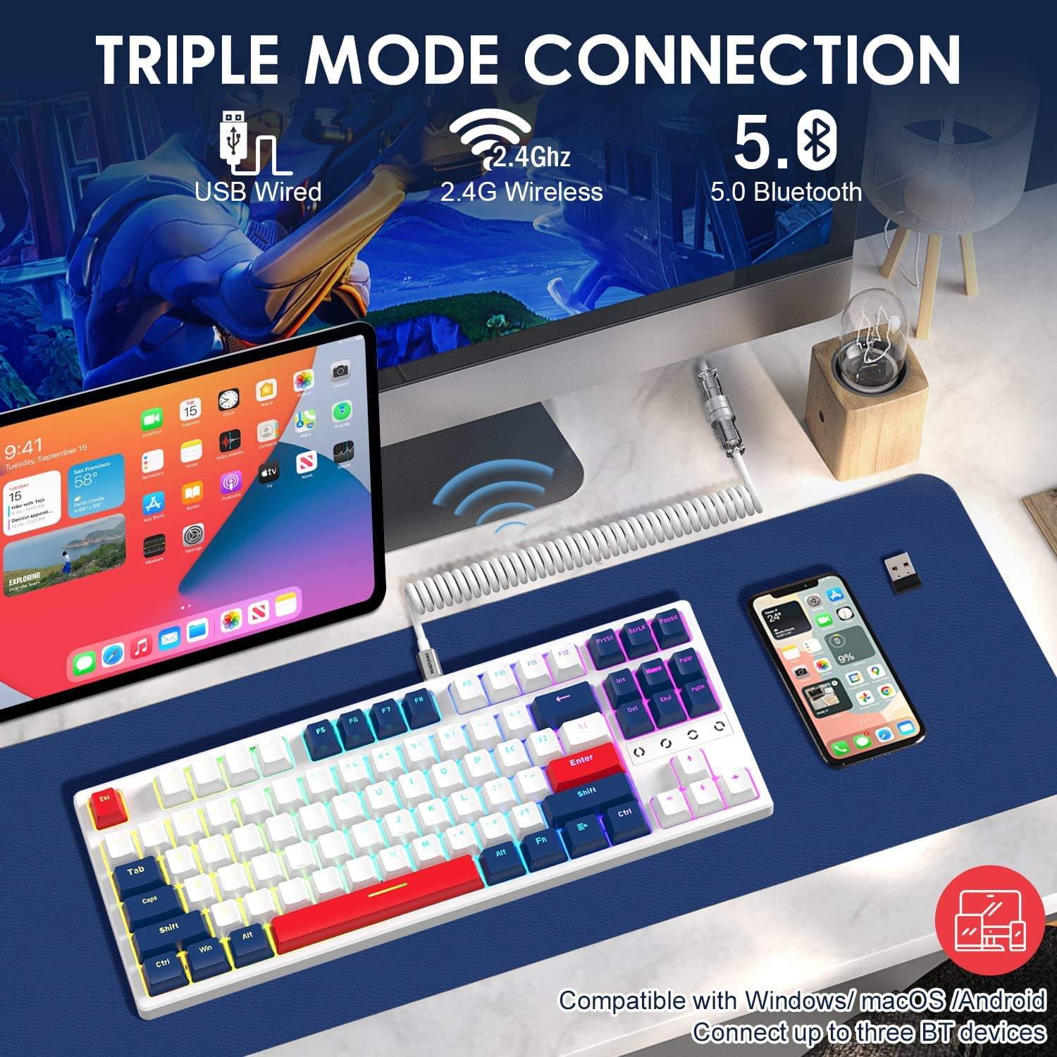 Lexontech K87 Mechanical Keyboard, TKL 87 Keys Wireless 2.4GHz/Bluetooth 5.1/Wired Custom Coiled USB C Cable RGB Gaming Keyboard, Hot-Swappable Yellow Switch for PC PS5 PS4 Xbox one Mac Cherry MX