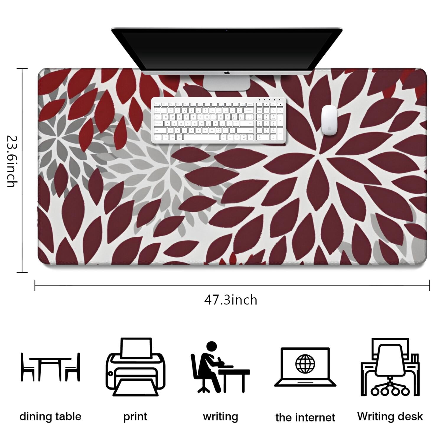Long Mouse Pads for Desk,Red Floral and Petal Pattern Desk Mats on Top Of Desks, Desk Mouse Pad Extra Large with 3mm Non-Slip Base and Stitched Edge for Gaming,Office,Work,Home 47.3"x23.6"