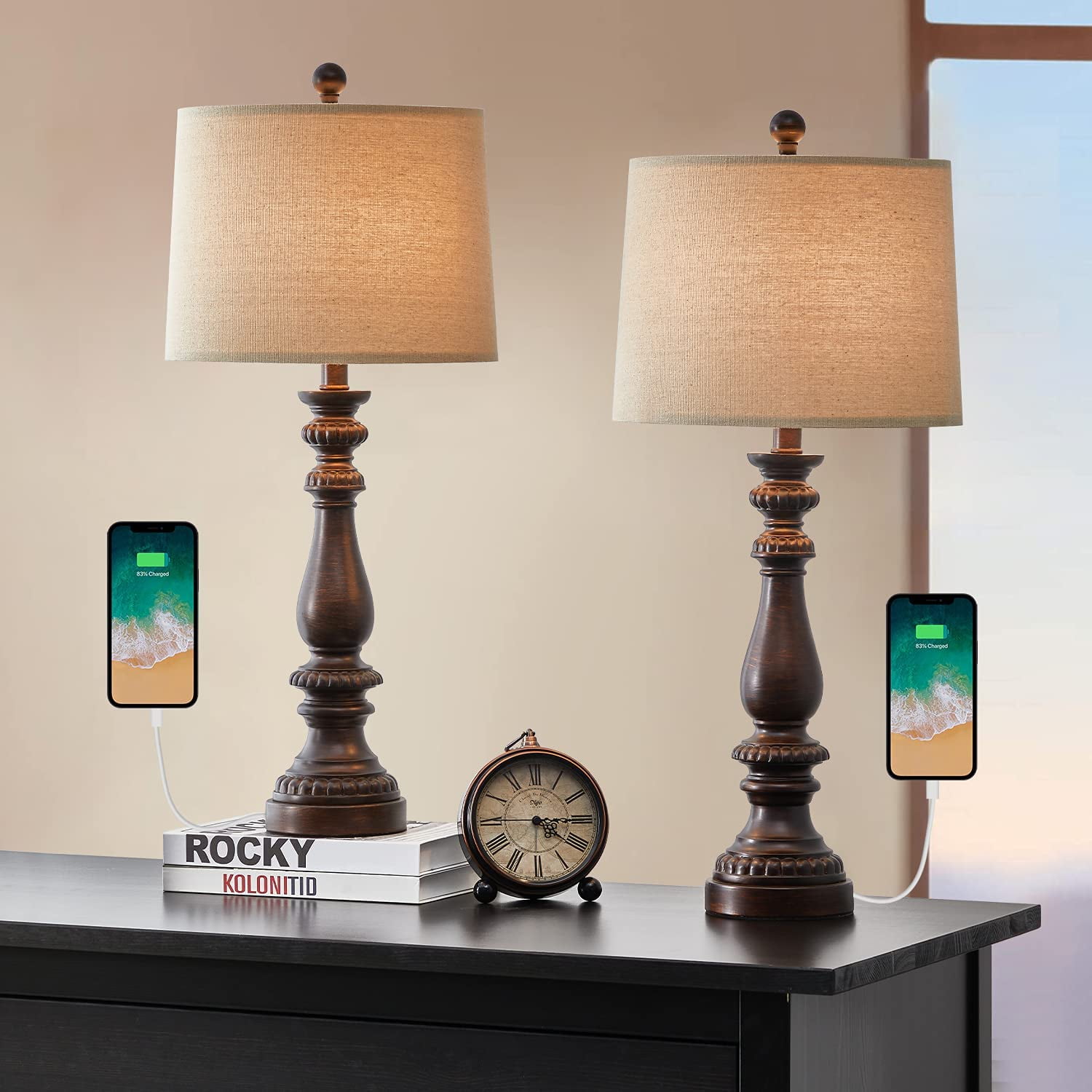 27.75'' USB Table Lamp Set of 2 Antique Retro Nightstand Lamp for