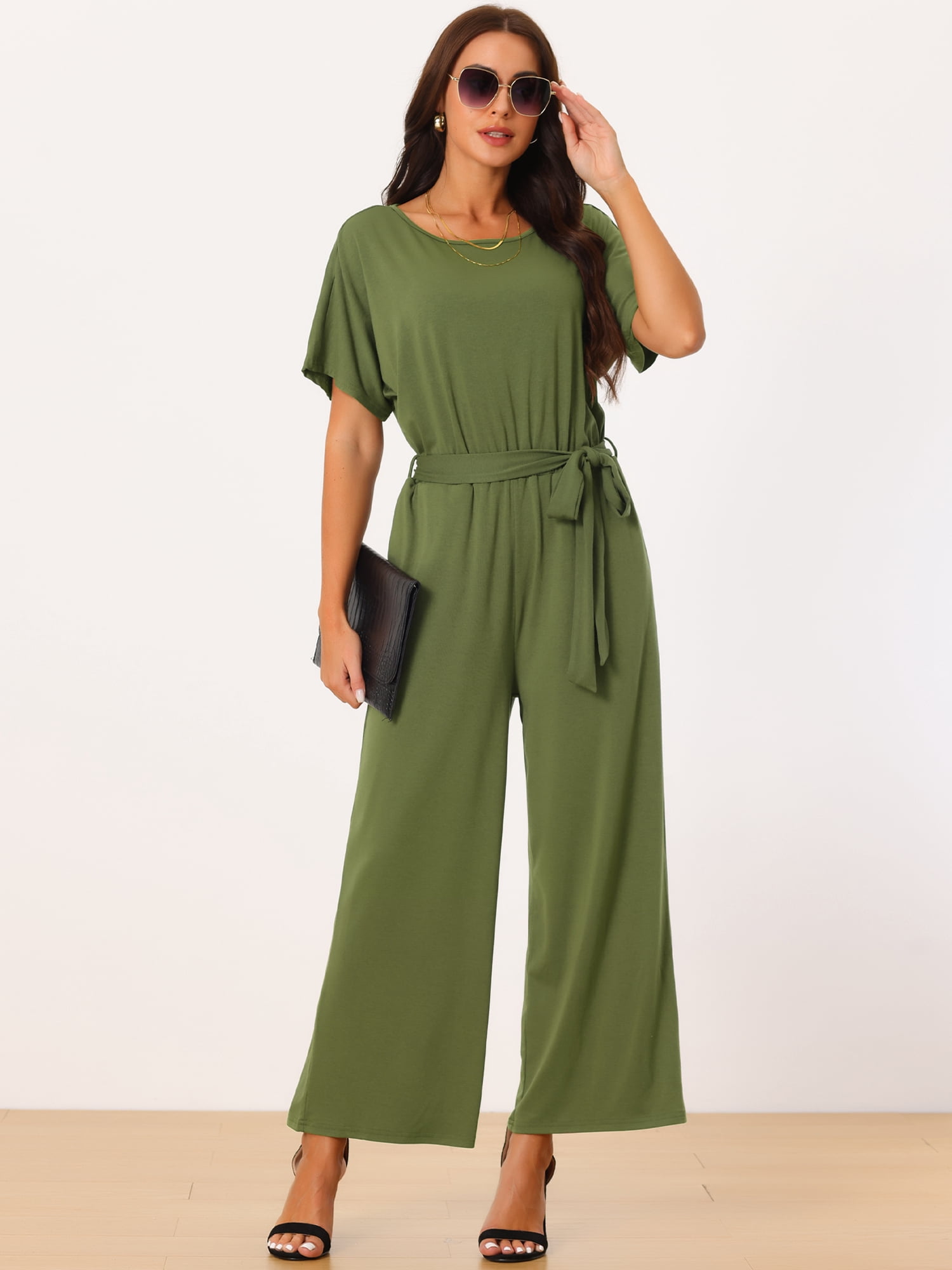 DARING DIVA Women's Short Sleeve Belted High Waist Wide Leg Jumpsuit XL Army Green