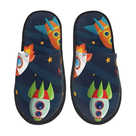 Balery Spaceships and Stars Slient Indoor Furry Fleece Comfort House Shoes Soft Non-Slip Home Shoes Cotton slippers House Slippers-- Medium