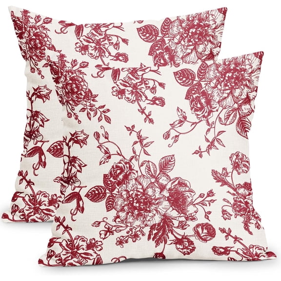 Vintage Floral Pillow Covers 18x18 Inch Set of 2 Wine Red and Cream Floral Throw Pillow Covers Chinoiserie Flower Pillowcases Rustic Farmhouse Cotton Linen Cushion Covers for Couch Bed Sofa Home Decor