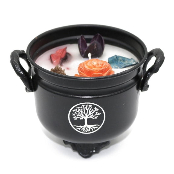 Soul Sticks 4" Tree of Life Metal Cauldron White Sage Scented Candle with Dried Flowers with Handle Reusable for Spells, Smudging, Rituals & Blessings