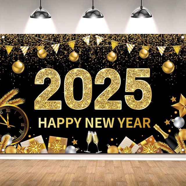 Fondo de Feliz Año Nuevo en negro, 180 x 115 cm, fondo de Año Nuevo, pancarta de Año Nuevo 2025