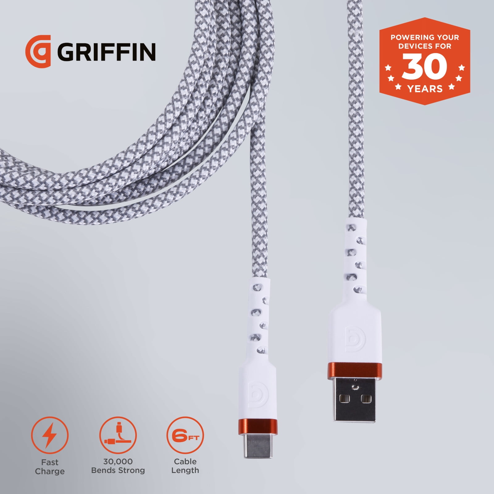Griffin 6ft Ultra Durable USB-C Type High-Speed Charging Cable – Fast Charging, 30,000 Bends Strong, Compatible with Android, iPhone 15 & 16, Tablets, USB-C Device, USB-A to USB-C Charge & Sync Cable