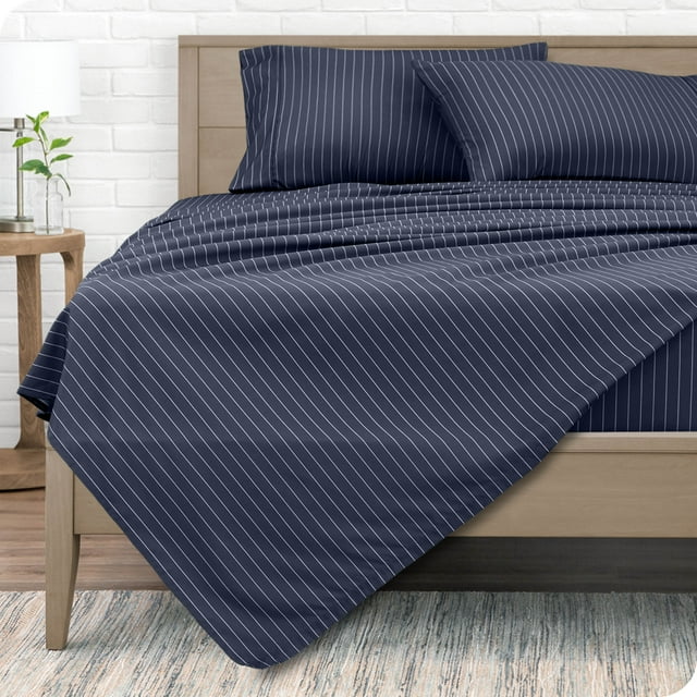 Bare Home Ensemble de Draps Ultra Doux - Premium 1800 Collection - Poches Profondes - 3 Pcs - Très Grand Simple, Rayure Fine - Minuit/blanc