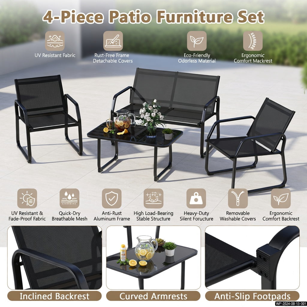 Hommoo 4-Piece Outdoor Patio Conversation Set, Metal Frame, Breathable Fabric Seating & Tempered Glass Coffee Table for Backyard, Deck or Balcony, Black
