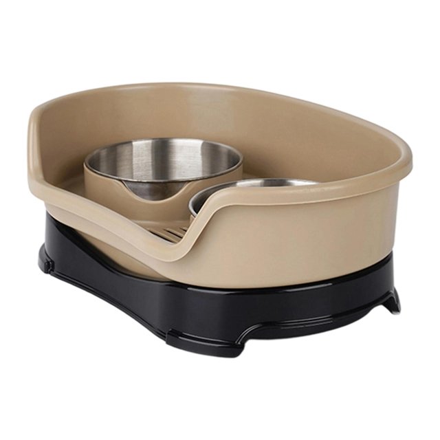 Comedero para gatos, bebedero y comedero, dispensador de comida para interiores, antideslizante, doble Marrón