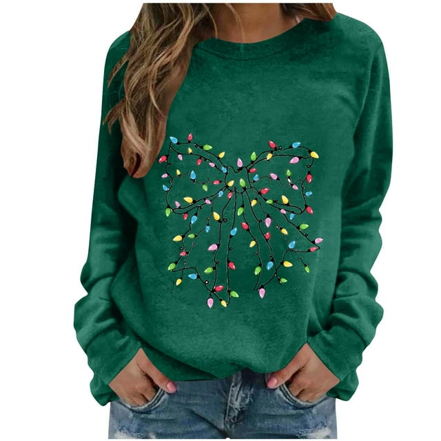 Lcziwo Chandails de Noël pour Femmes 2025 Tenues de Mode d'Automne Décontractées Xmas T-Shirts à Imprimé Graphique Drôle Manches Longues Col Rond Chandail Ample Vert Armée, TTG