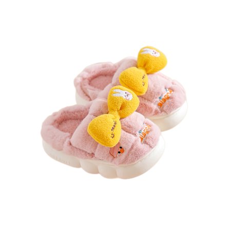 

SIMANLAN Unisex-Child Warm Shoes Slip On Plush Slipper Faux Fur Fuzzy Slippers Bedroom Anti-Slip Home Shoe House Fluffy Bow Pink 13C-1Y