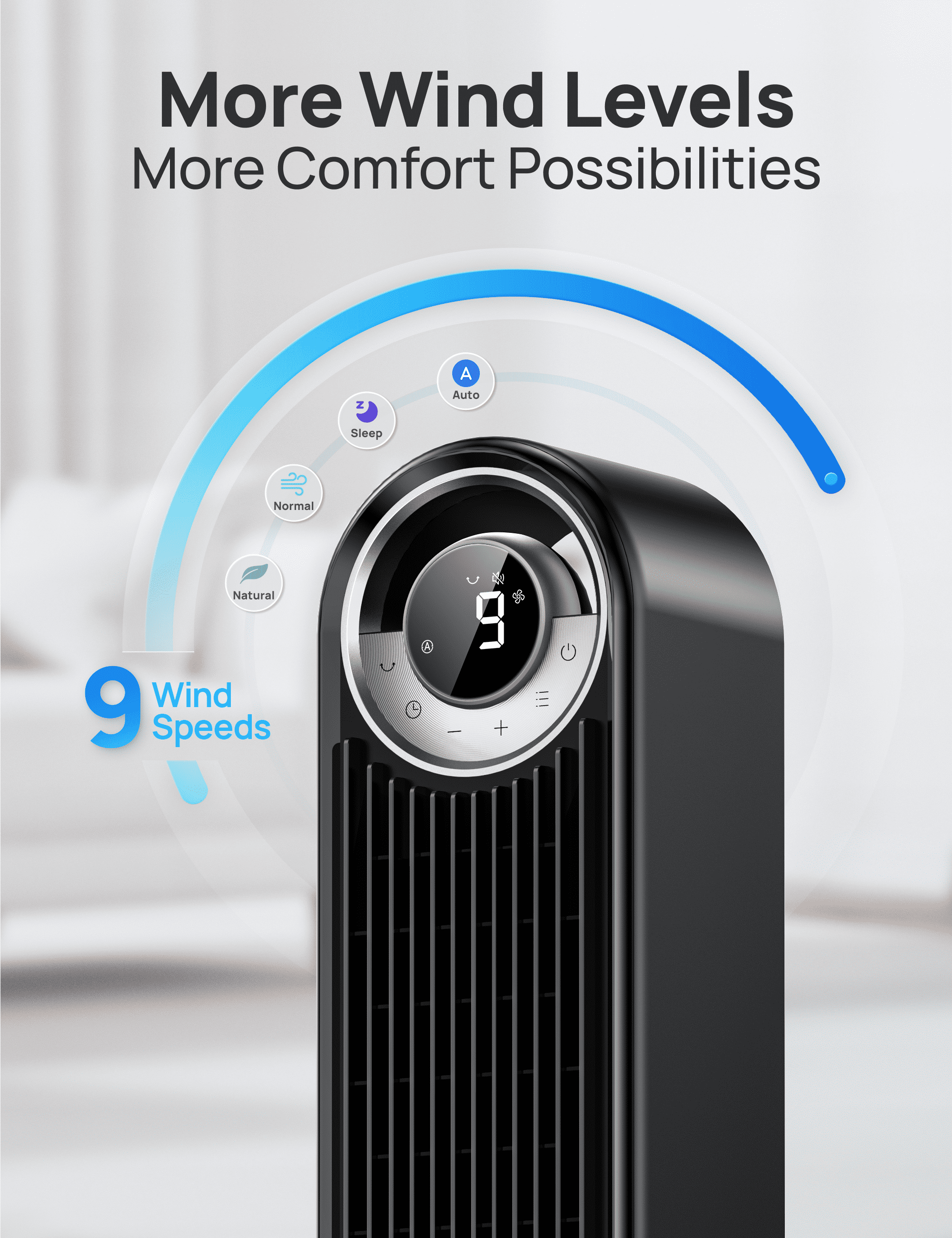 Dreo Tower Fan for Bedroom, Upgrated DC 9 Speeds Utral-Quiet Floor Fan, 90° Oscillating Fans for Indoors with 26ft/s Velocity, 12H Timer, Standing Fans, Bladeless Fan Powerful for Home Office Room